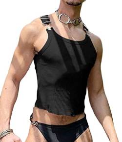 ORANDESIGNE Herren Vintage Tank Top Unterhemd Ärmellos Crop Top Shirt Steampunk Gothic Bauchfreies Oberteil mit Schnürung Sexy Weste T-Shirt Party Fasching Clubwear I Schwarz S von ORANDESIGNE