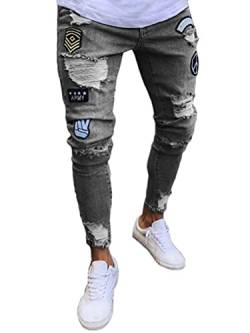 ORANDESIGNE Herren Zerrissene Jeans Hose Slim Fit Denim Lange Jeanshose für Männer Coole Jungen Stretch Freizeithose Hop Hop Destroyed Jeans Hosen A Grau XS von ORANDESIGNE