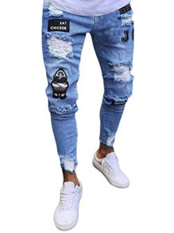 ORANDESIGNE Herren Zerrissene Jeans Hose Slim Fit Denim Lange Jeanshose für Männer Coole Jungen Stretch Freizeithose Hop Hop Destroyed Jeans Hosen B Blau XL von ORANDESIGNE