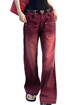 ORANDESIGNE J Rot Damen Cargohose Baggy Hohe Taille Gerade Breites Bein Baggy Denim Hosen Y2k Aesthetic Vintage Lang Freizeithose 90er E-Girl Streetwear L von ORANDESIGNE