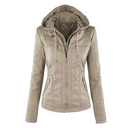 ORANDESIGNE Jacke Damen PU Lederjacke Lange Ärmel Kurzmantel Jacke mit Kapuze Motorradbekleidung Khaki L von ORANDESIGNE