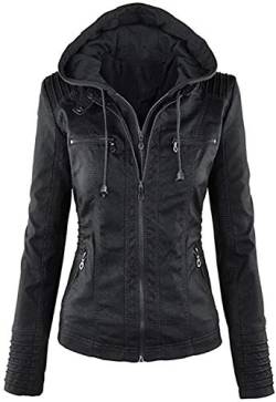 ORANDESIGNE Jacke Damen PU Lederjacke Lange Ärmel Kurzmantel Jacke mit Kapuze Motorradbekleidung Schwarz L von ORANDESIGNE