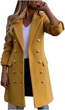 ORANDESIGNE Jacke Damen Trenchcoat Langer Herbst Winter Mantel Trenchcoat Warm Slim Langer Jacken Overcoat Oberbekleidung Mode Einfarbig Revers Damenmantel Wollmantel Windjacke Z2 Gelb 3XL von ORANDESIGNE