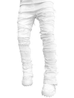 ORANDESIGNE Jeans Herren Coole Schwarze Jeans Skinny Ripped Destroyed Stretch Slim Fit Hop Hop Cargohose Mit Löchern Für Männer Slim Hip-Hop Reißverschluss Jeans I Weiß XXL von ORANDESIGNE