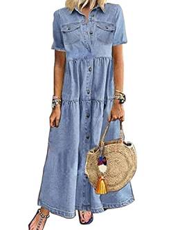 ORANDESIGNE Jeanskleid Damen Sommer Lang Denimkleider V-Ausschnitt Kurzarm Blusenkleider Maxikleid Einfarbig Freizeitkleider mit Taschen Casual Strandkleid Swing Kleid A Hellblau L von ORANDESIGNE