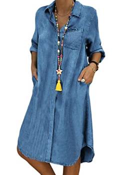 ORANDESIGNE Jeanskleid Sommerkleid Damen Jeans Kleider V-Ausschnitt Kurzarm Strandkleider Einfarbig A-Linie Kleid Boho Knielang Kleid Denimkleid G Blau 3XL von ORANDESIGNE