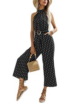 ORANDESIGNE Jumpsuit Damen Elegant Festlich Sommer Neckholder Overall Verkürzte Hose Polka Dots Boho Playsuit Romper Casual Lose Hosenanzug Spielanzug mit Gürtel Schwarz S von ORANDESIGNE