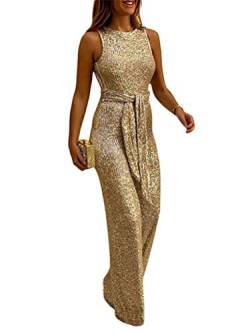 ORANDESIGNE Jumpsuit Damen Glänzend Brillant Einteiler Lang Overall Sommer Hosenanzug Ärmellos Rückenfrei Festival Party Playsuit Romper mit Weiten Beinen Gold 42 von ORANDESIGNE