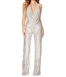 ORANDESIGNE Jumpsuit Damen Glänzend Brillant Einteiler Lang Overall Sommer Hosenanzug Ärmellos Rückenfrei Festival Party Playsuit Romper mit Weiten Beinen Z Silber 38 von ORANDESIGNE