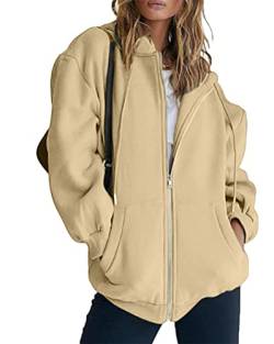 ORANDESIGNE Kapuzenjacke Damen Sweatjacke Zip Hoodie Langarm Kapuzenpullover Oversize Kapuzensweatjacke Einfarbig Casual Hoodie Sweatshirt mit Reißverschluss A Khaki L von ORANDESIGNE