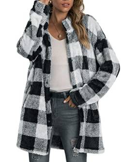 ORANDESIGNE Karierte Jacke Damen Winter Gefüttert Warm Teddy Plüschmantel Sherpa Winterjacke Lang Elegant Kunstfell Mantel Casual Outdoor Pelzmantel Blau 01 S von ORANDESIGNE