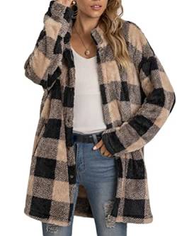 ORANDESIGNE Karierte Jacke Damen Winter Gefüttert Warm Teddy Plüschmantel Sherpa Winterjacke Lang Elegant Kunstfell Mantel Casual Outdoor Pelzmantel Khaki S von ORANDESIGNE