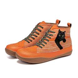 ORANDESIGNE Kunstleder Stiefeletten Herbst Vintage Schnürschuhe Damen Bequeme Flache Fersenstiefel Reißverschluss High-top Boots Orange 37 EU von ORANDESIGNE