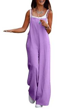 ORANDESIGNE Latzhose Damen Weite Bein Schlag Jumpsuit mit Tasche Loose Fit Baggy Playsuits Sommer Boho Strampler Ärmellos Riemchen Overalls Casual Adjustable Bib Pants A Violett M von ORANDESIGNE