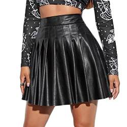 ORANDESIGNE Lederrock Damen Sexy Kurz Plissee Rock Party Hohe Taille PU Minirock Leder Ausgestellter Rock Einfarbig Skater Rock Sommer Clubwear Outfit Schwarz L von ORANDESIGNE