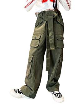 ORANDESIGNE Mädchen Cargohose, Baumwoll Baggy Hose mit Elastischer Taille und Mehreren Taschen für Kinder B Armeegrün 140 von ORANDESIGNE