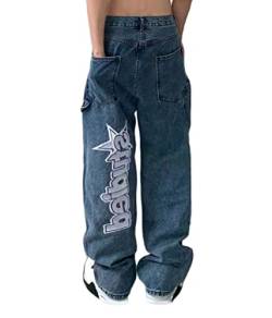 ORANDESIGNE Men Hip Hop Jeans Baggy Unisex Damen Herren Straight Leg Gewaschen Jeanshose Casual Denim Hosen Vintage Bedruckte Jeans Teenager Jungen Mädchen Skateboard Hosen Streetwear G Blau XXL von ORANDESIGNE