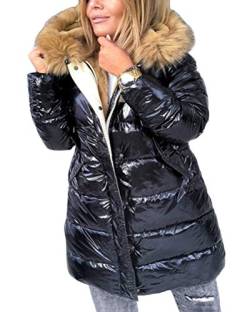 ORANDESIGNE Metallic Taschen Umlegekragen Langarm Warmer Glänzend Steppjacke Wintermantel Damen Mode C Schwarz XL von ORANDESIGNE