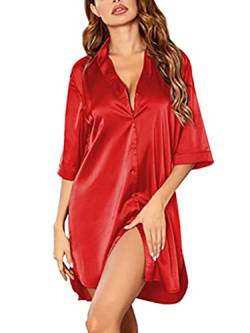 ORANDESIGNE Nachthemden Damen Nachtkleid Kurz Satin 3/4 Ärmel Sleepshirt mit Tiefer V-Ausschnitt Kurz Sleepwear Negligee Nachtwäsche Einfarbig Sexy Nachthemd Bequemes Homewear A Rot M von ORANDESIGNE