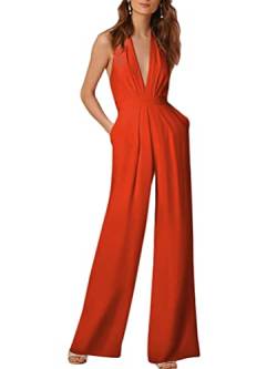 ORANDESIGNE Neckholder Jumpsuit Damen Sommer Lang V-Ausschnitt Rückenfrei V Ausschnitt Overall Baggy Hosenanzug Breites Bein Einfarbig Playsuit Sexy 02-orange L von ORANDESIGNE