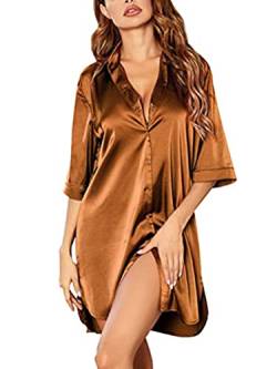 ORANDESIGNE Negligee Damen Sexy Kurz Satin Nachthemd V-Ausschnitt Nachtkleid Sommer Nachtwäsche Frau Sleepwear Nachthemd Satin Sexy Negligee Unterkleid Nachtkleid für Frauen A Braun L von ORANDESIGNE