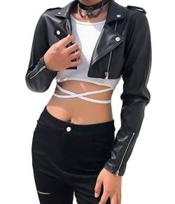 ORANDESIGNE PU Lederjacke Damen Gothic Schwarz PU Leder Jacke Frauen Eine Schulter Halter Schnalle Kurzmantel Y2K Crop Tops Outfits Mode Streetwear Cropped Jacken D Schwarz L von ORANDESIGNE