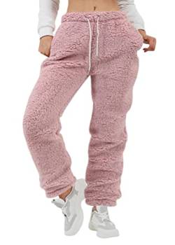 ORANDESIGNE Plüschhose Damen Flauschig Schlafanzughose Lang Winter Warm Pyjamahose Chic Jogginghose Elegant Hose Outdoor Fleecehose Freizeithose mit Tasche Rosa L von ORANDESIGNE