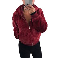 ORANDESIGNE Plüschjacke Damen Teddy Flauschig Kurz Plüschmantel Lässig Fleecejacke mit Kapuze Warm Übergangsjacke Kurzmantel Felljacke Kunstfell Jacket Coat Outwear C Rotwein S von ORANDESIGNE