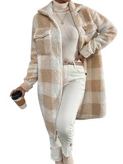 ORANDESIGNE Plüschmantel Damen Lang Kariertes Jacke Fleecejacke Warm Winter Teddyfell Plüschjacke Gefütterte Winterjacke Karo Mantel Flauschige Sweatjacke Lässige Cardigan Fleecemantel Aprikose L von ORANDESIGNE