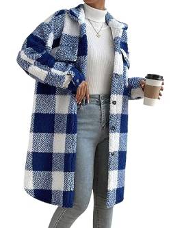 ORANDESIGNE Plüschmantel Damen Lang Kariertes Jacke Fleecejacke Warm Winter Teddyfell Plüschjacke Gefütterte Winterjacke Karo Mantel Flauschige Sweatjacke Lässige Cardigan Fleecemantel Blau L von ORANDESIGNE