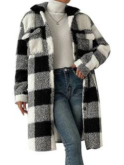 ORANDESIGNE Plüschmantel Damen Lang Kariertes Jacke Fleecejacke Warm Winter Teddyfell Plüschjacke Gefütterte Winterjacke Karo Mantel Flauschige Sweatjacke Lässige Cardigan Fleecemantel Schwarz L von ORANDESIGNE