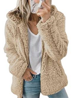 ORANDESIGNE Plüschmantel Damen mit Kapuze Einfarbig Teddy Jacke Pelzmantel Winter Warm Cardigan Kunstfelljacken mit Taschen Outwear Winterjacke Kapuzenjacke Wickeljacke B Khaki L von ORANDESIGNE