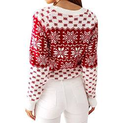 ORANDESIGNE Pullover Damen Oberteile Elegant Oversize Strickpulli Rundhals Weihnachtspullover Rentiermuster Winter Christmas Sweater D Rot S von ORANDESIGNE