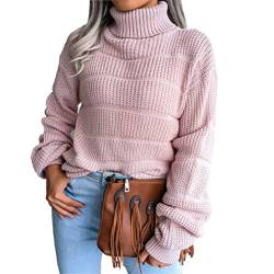 ORANDESIGNE Pullover Damen Rollkragenpullover Casual Sweatshirt Durchbrochener Strickpullover mit Langen Ärmeln Rollkragen Outwear Pulli Rosa S von ORANDESIGNE