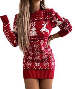 ORANDESIGNE Pullover Lang Damen Weihnachten Pulloverkleid Elegant Langarm Strickkleid Tunika Kleid Strickpullover Minikleid Wickelkleid A-Rot L von ORANDESIGNE