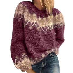 ORANDESIGNE Rollkragenpullover Damen Pullover Gestrickt Druck Geometrisch Stylisch Lässig Lose Mohair Grobstrick Jacquard Strickpullover Rundhals Sweater Jumper Herbst Winter B Lila L von ORANDESIGNE