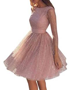 ORANDESIGNE Rosa Glitzer Mesh Plissee Rückenfreies Rundhals Langarm Midikleid Cocktailkleid Rosa Ballkleid L von ORANDESIGNE