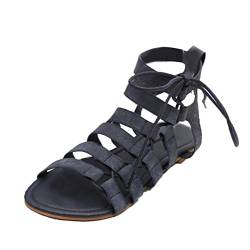 ORANDESIGNE Sandalen Damen Sommer Römersandalen Flach Badesandale Gladiator Sandalen Retro Lace Up Peep Toe Schuhe Mode Strandschuhe Pantoletten Schwarz 41 EU von ORANDESIGNE