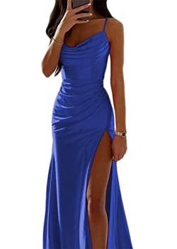 ORANDESIGNE Satin Abendkleid Damen Spaghettiträger Midikleid Fischschwanzkleider Elegant Lange A-Linie Backless Cocktailkleider Sexy Lang Brautjungfer Kleid Partykleid mit Schlitz (A Blau, M) von ORANDESIGNE