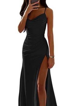 ORANDESIGNE Satin Abendkleid Damen Spaghettiträger Midikleid Fischschwanzkleider Elegant Lange A-Linie Backless Cocktailkleider Sexy Lang Brautjungfer Kleid Partykleid mit Schlitz A Schwarz XXL von ORANDESIGNE