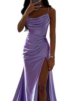 ORANDESIGNE Satin Abendkleid Damen Spaghettiträger Midikleid Fischschwanzkleider Elegant Lange A-Linie Backless Cocktailkleider Sexy Lang Brautjungfer Kleid Partykleid mit Schlitz A Violett M von ORANDESIGNE