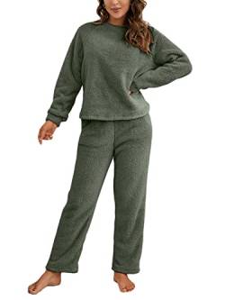 ORANDESIGNE Schlafanzug Damen Lang Fleece Pyjama Schlafhosen Und Oberteile Warmes Kuschelig Nachtwäsche Hausanzug Winter A Grün L von ORANDESIGNE