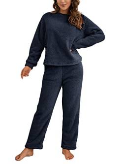 ORANDESIGNE Schlafanzug Damen Lang Fleece Pyjama Schlafhosen Und Oberteile Warmes Kuschelig Nachtwäsche Hausanzug Winter A Marine L von ORANDESIGNE