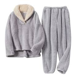 ORANDESIGNE Schlafanzug Für Damen 2-Set Fleece Schlafanzug Frauen Zweiteiler Kuschelanzug Flauschig Schlafanzüge Fleece Flanell Thermo Winter Pyjama Set Thermokleidung Hausanzug A grau M von ORANDESIGNE