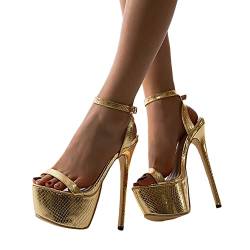 ORANDESIGNE Sexy High Heels für Damen Sommersandalen mit Fischmaul Gefrostete 16cm Stiletto Sandalen mit Offenem Zeh und Schnalle Party Pumps Schuhe H Gold 38 EU von ORANDESIGNE