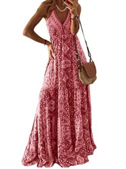 ORANDESIGNE Sommerkleid Damen Maxi Länge Ärmelloses Swing Abendkleid Blumen Vorne Kurzes Kleid Neckholder Spaghettiträger Floralem Strandkleid (C Rosa, S) von ORANDESIGNE