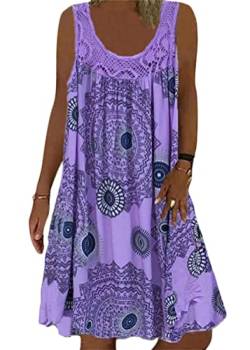 ORANDESIGNE Sommerkleid Damen V-Ausschnitt Strandkleider Einfarbig A-Linie Kleid Boho Knielang Kleid Ärmellos Streifen Kleid Ohne Zubehör G Violett 46 von ORANDESIGNE