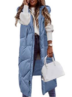 ORANDESIGNE Steppweste Damen Daunenweste Lang Wintermantel Vest mit Kapuze Weste Mantel Ärmellose Warmer Daunenmantel mit Taschen Steppjacke Outdoor Lange Outwear Winterjacke B Blau L von ORANDESIGNE