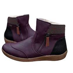 ORANDESIGNE Stiefeletten Damen Flache Knöchel Stiefel Ankle Boots Retro Winterschuhe Stiefeletten Halbhoch Stiefel Schlupfstiefel Elegant Plateau Kurze Stiefel A Violett 40 von ORANDESIGNE