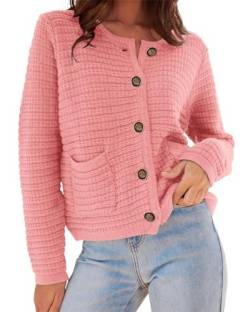 ORANDESIGNE Strickjacke Damen Rundhals Langarm Cardigan Elegant Einfarbig Kurz Strickmantel Pullover Herbst Winter Strickpullover Jacke mit Knopf Freizeitpullover A Rosa XS von ORANDESIGNE